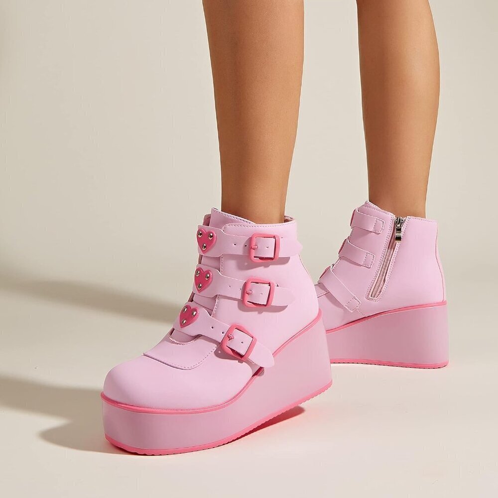 🆕 Fuchsia Chunky Platform Ankle Boots Women PU Goth Wedge Heel Rave Booties Zip - Picture 7 of 8
